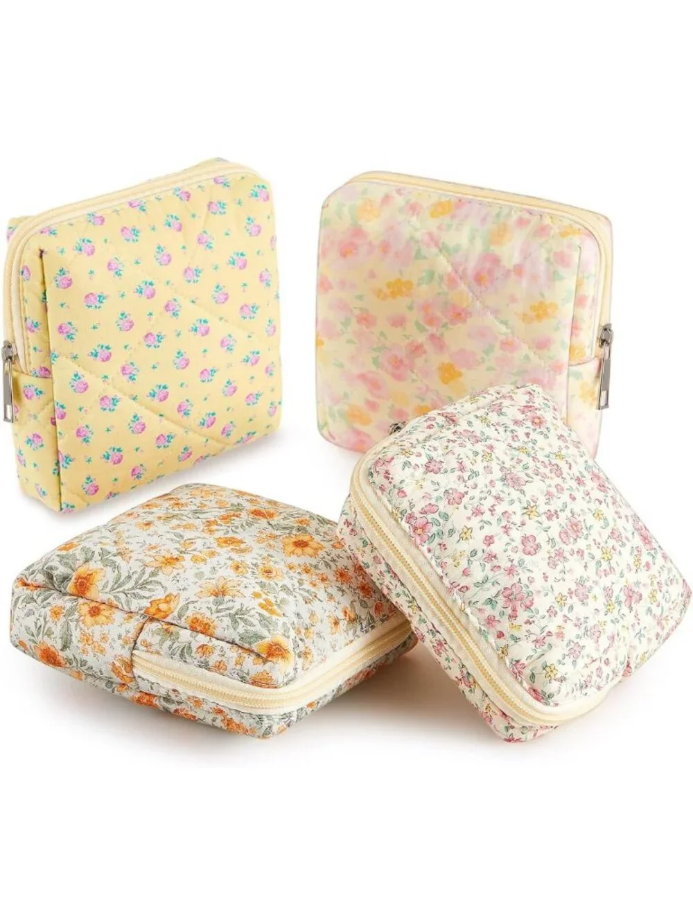 4 Pcs Mini Floral Makeup Bags - Cute Quilted Pouches for Travel & Gifts